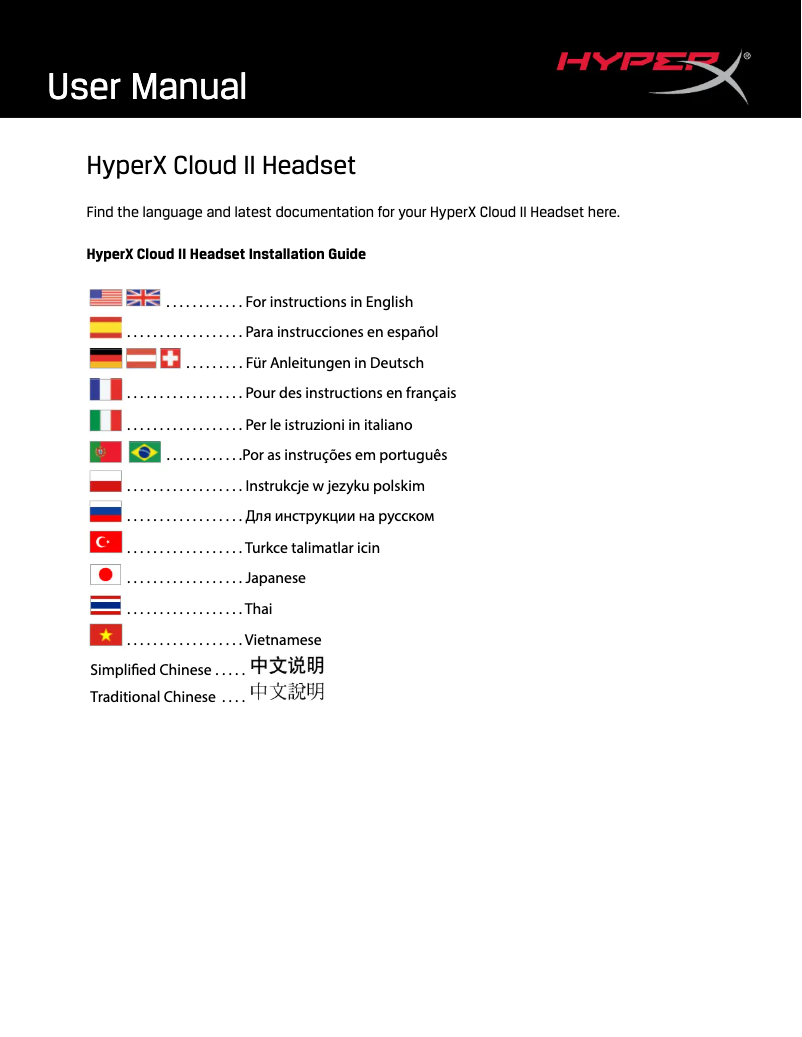 Imagen de la primera página del manual del dispositivo HyperX Cloud II