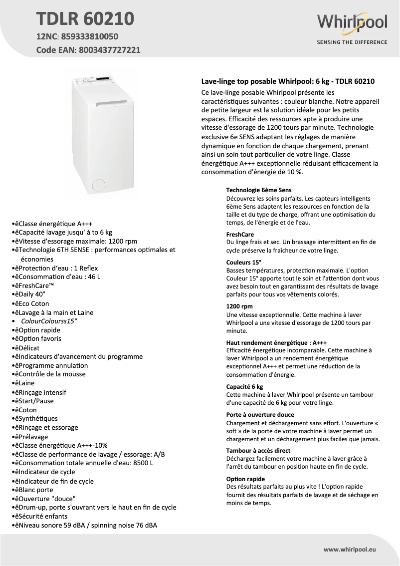 Página 1 del manual Ficha técnica Whirlpool TDLR 60210