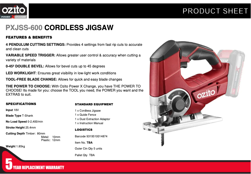 Página 1 del manual Ficha técnica Ozito PXJSS-600