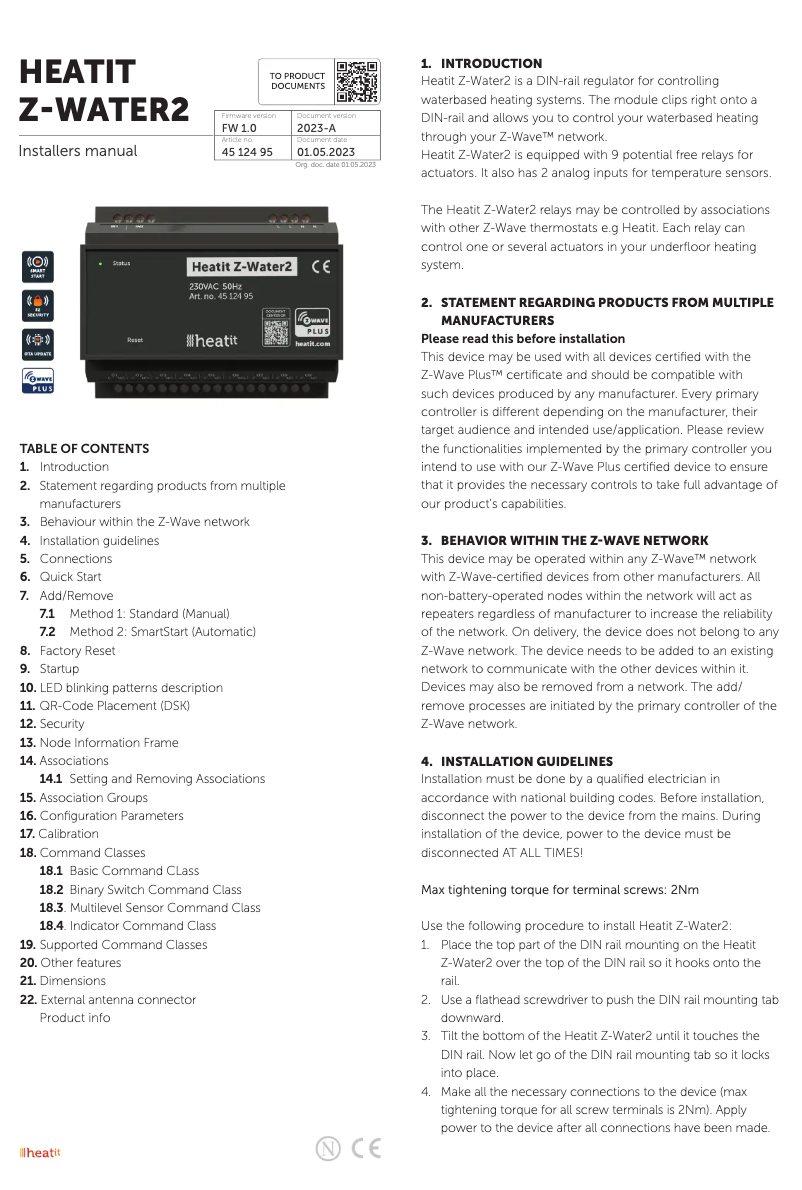 Imagen de la primera página del manual del dispositivo Z-WATER2