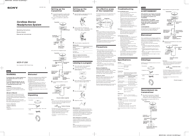 Imagen de la primera página del manual del dispositivo MDR-IF120K