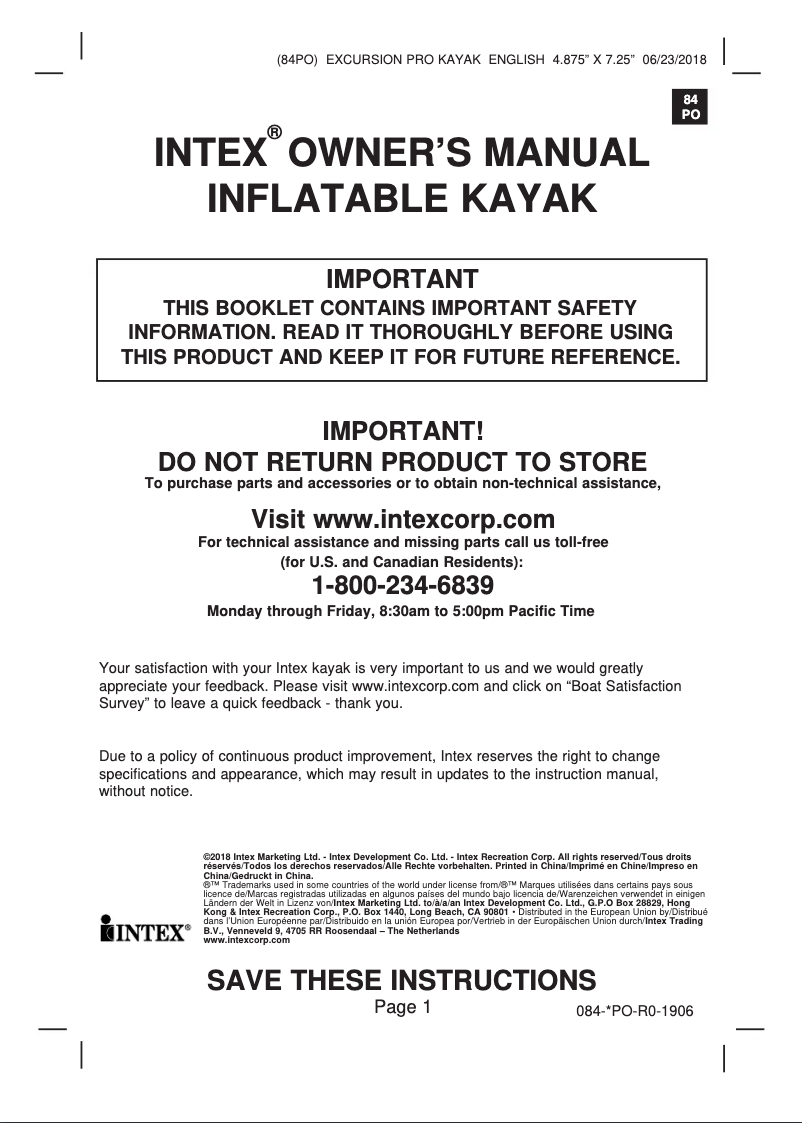 Página nº 1 - Manual de usuario Intex Excursion Pro K2