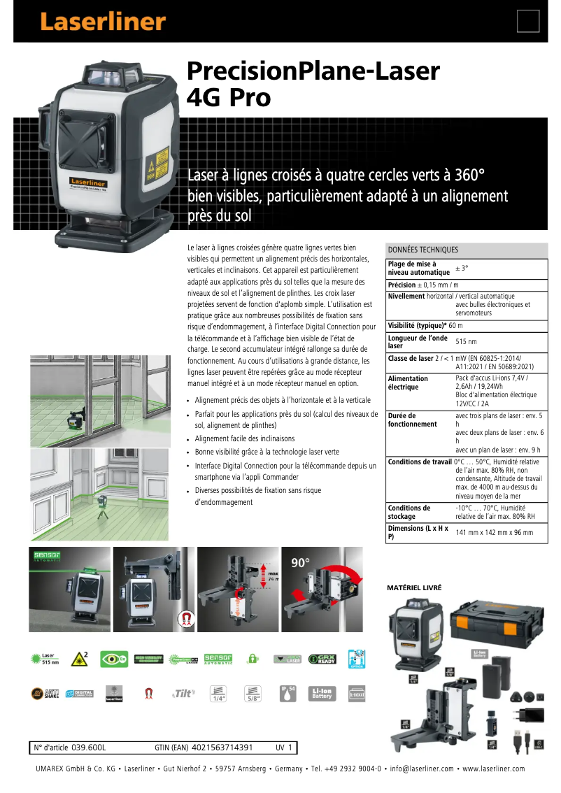 Página 1 del manual Ficha técnica Laserliner PrecisionPlane-Laser 4G Pro