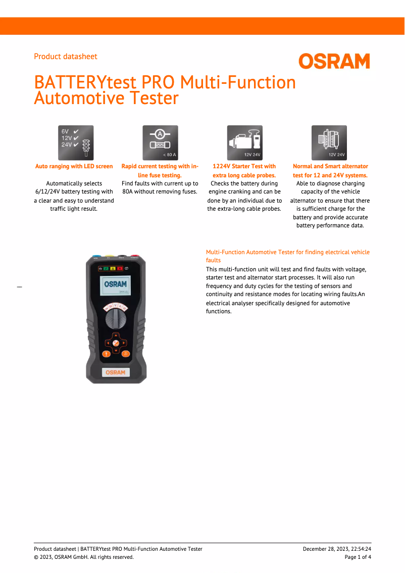 Página 1 del manual Ficha técnica Osram BATTERYtest PRO