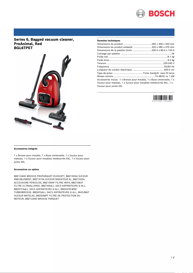 Página 1 del manual Ficha técnica Bosch ProAnimal Serie 6 BGL6TPET