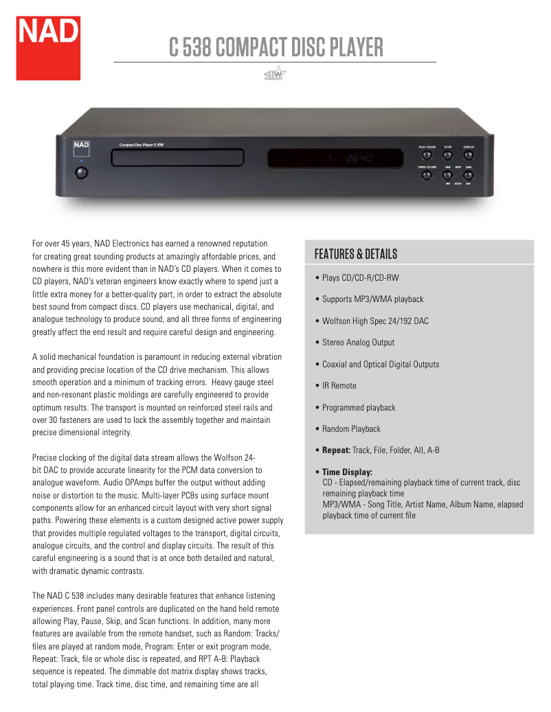 Página 1 del manual Ficha técnica NAD C 538