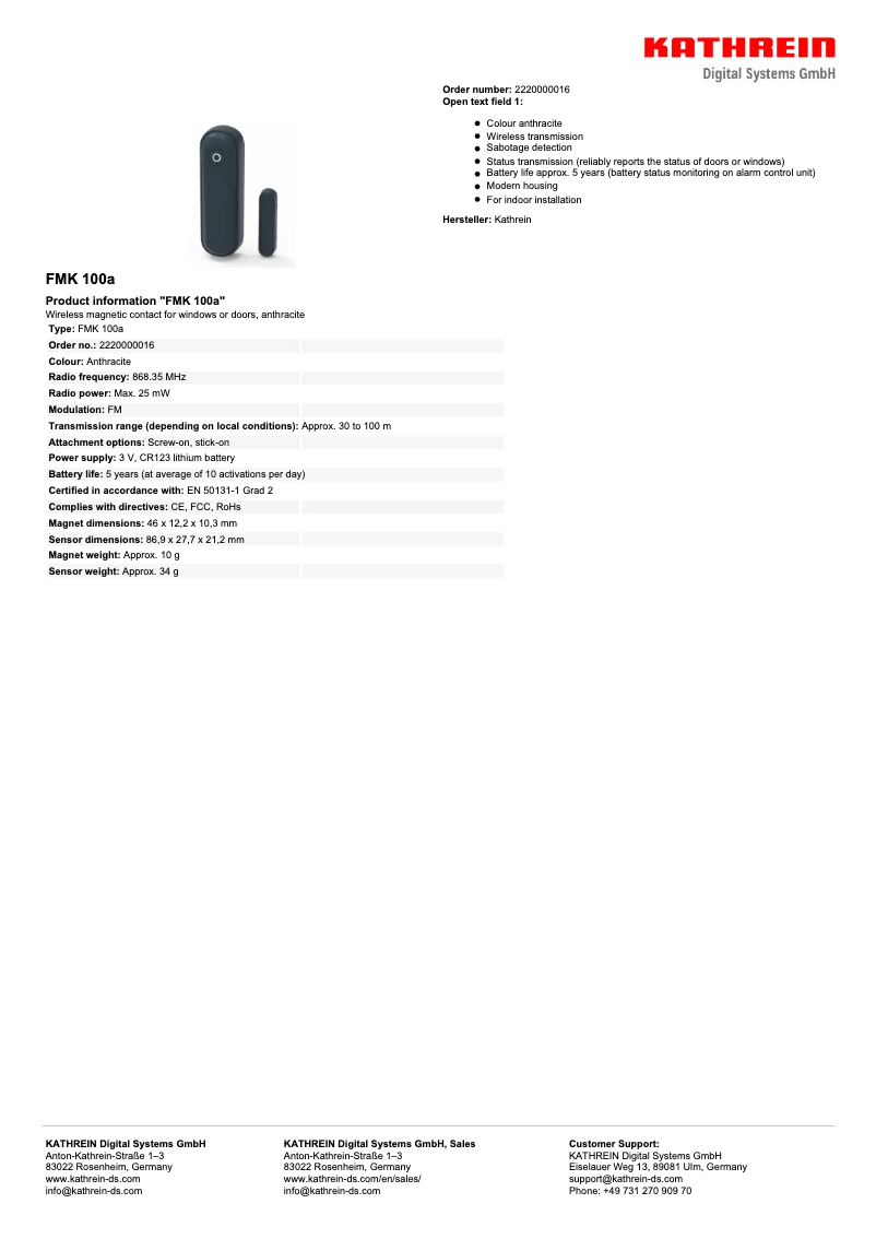 Página 1 del manual Ficha técnica Kathrein FMK 100a