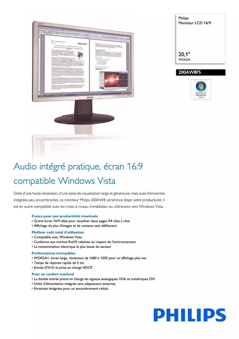 Página 1 del manual Ficha técnica Philips 200AW8FS