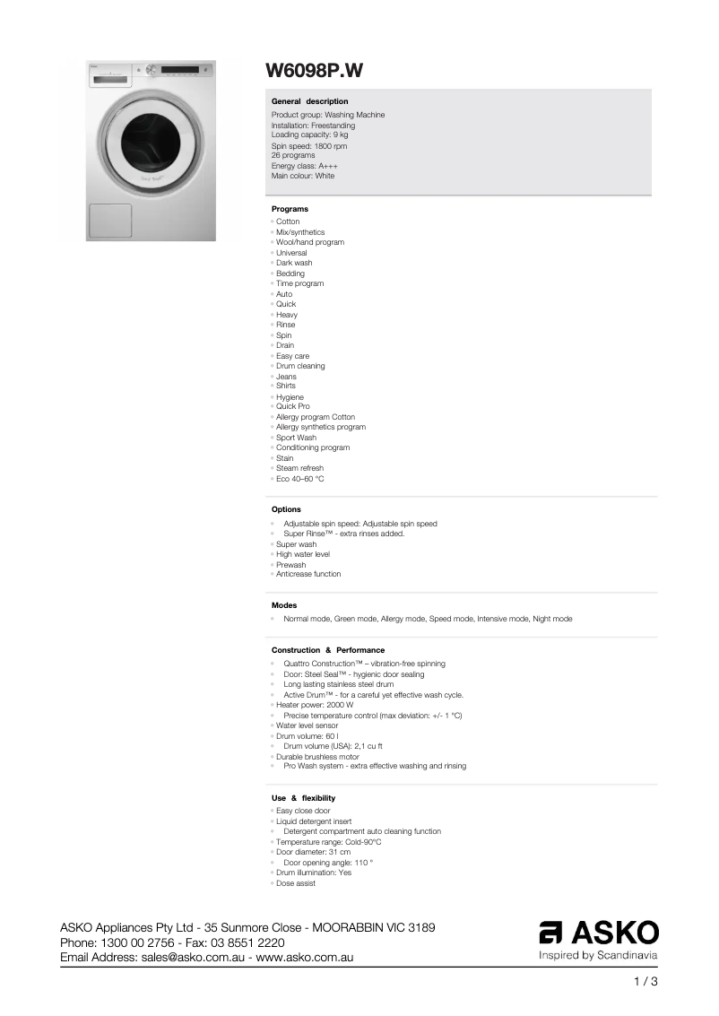 Página 1 del manual Ficha técnica Asko W6098P.W