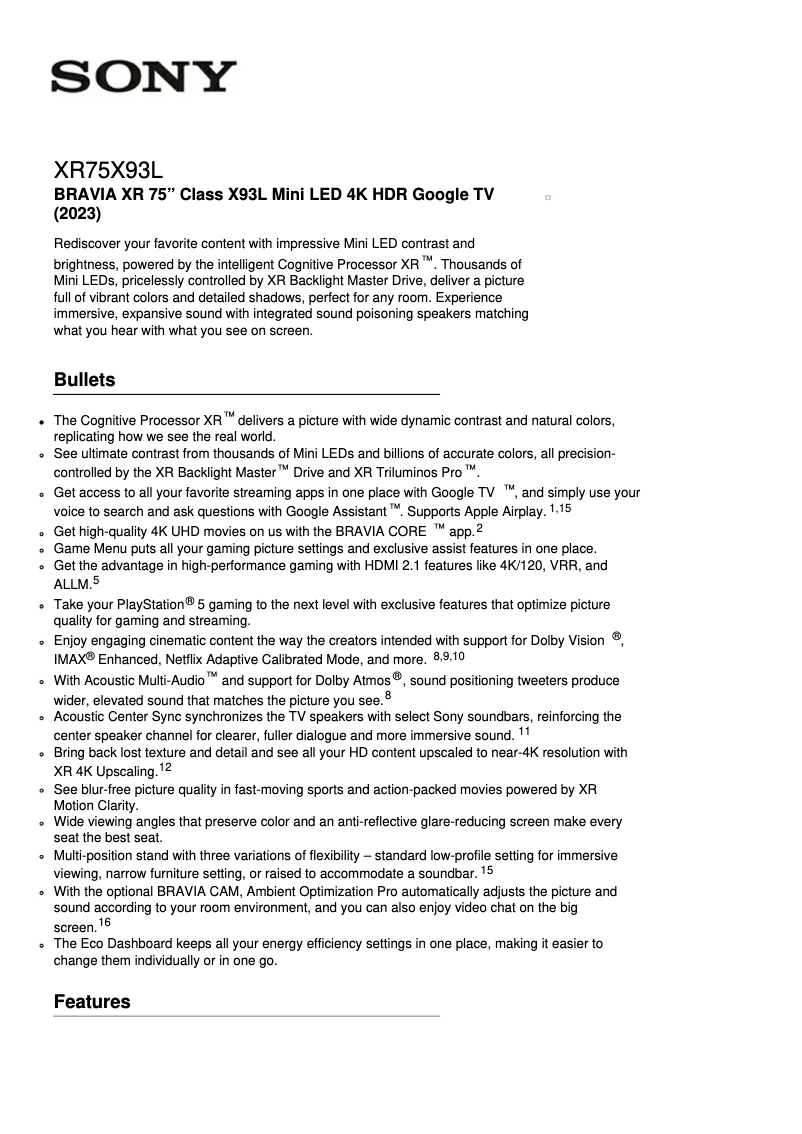 Página 1 del manual Ficha técnica Sony XR-75X93L