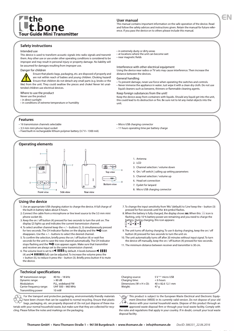 Imagen de la primera página del manual del dispositivo Tour Guide Mini Transmitter