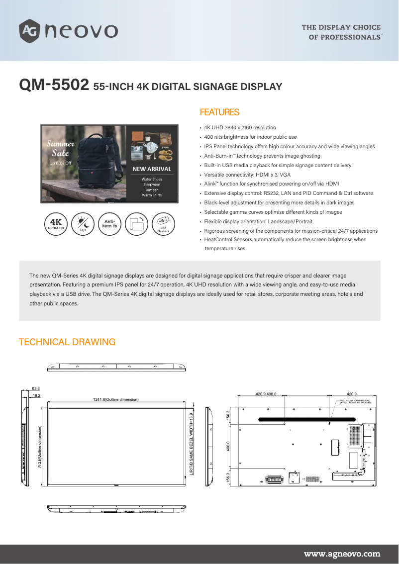 Página 1 del manual Ficha técnica AG Neovo QM-5502