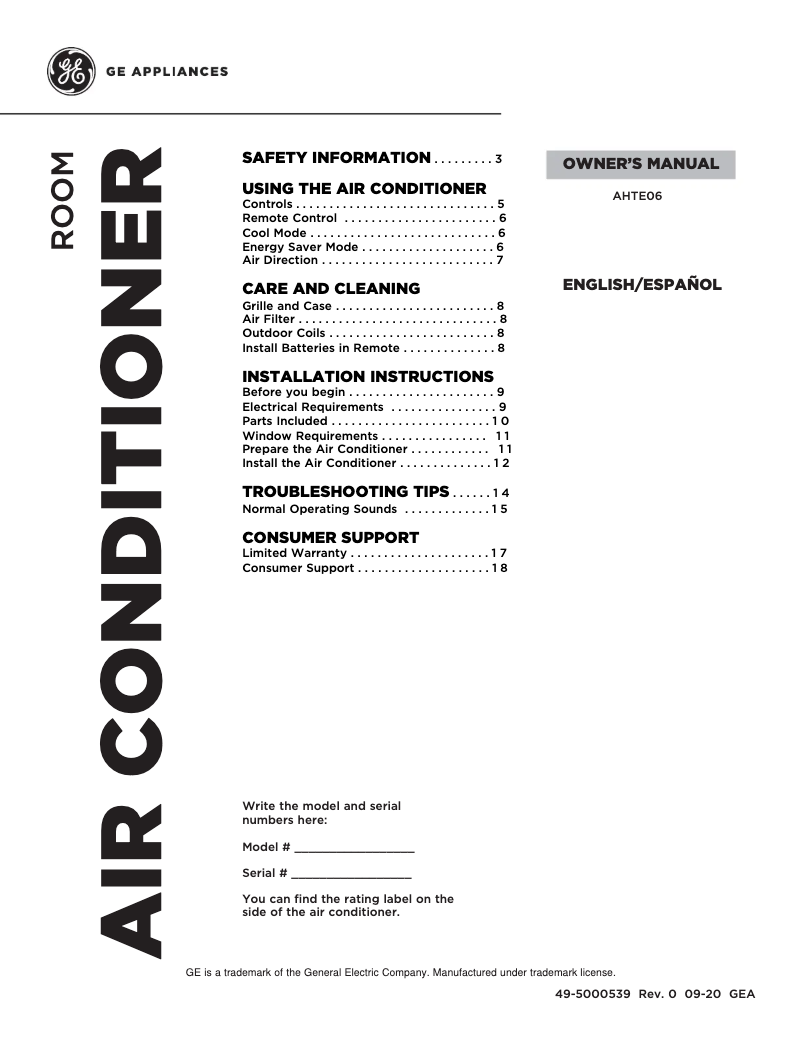 Página 1 del manual Manual de uso y mantenimiento GE AHTE06AA