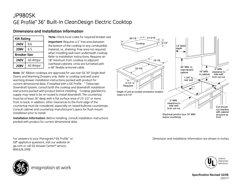 Página 1 del manual Ficha técnica GE JP980SKSS