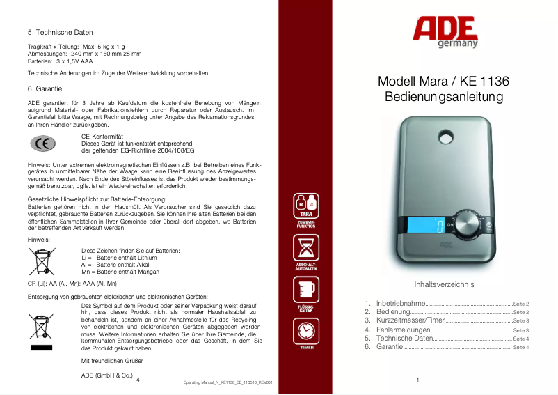 Imagen de la primera página del manual del dispositivo Mara KE 1136