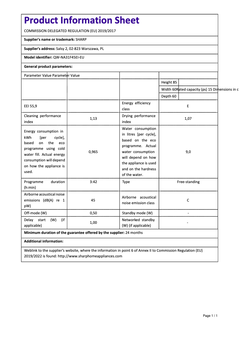 Página 1 del manual Manual de usuario Sharp QW-NA31F45EI-EU