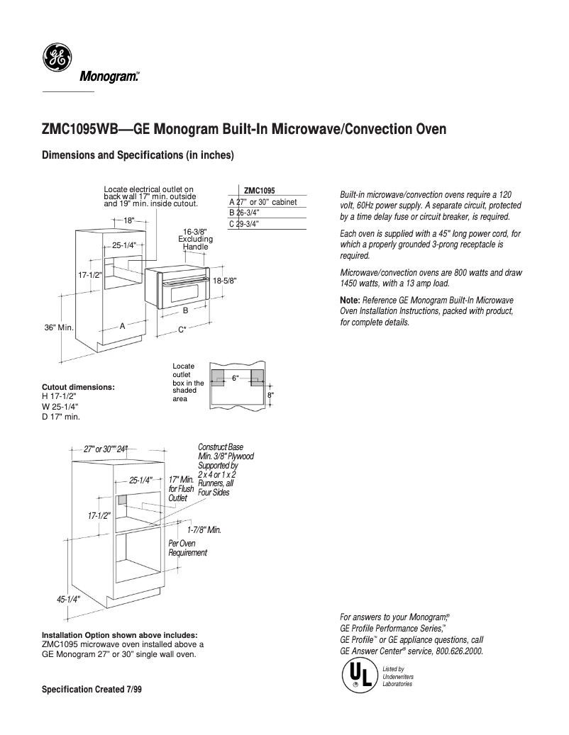 Página 1 del manual Ficha técnica GE ZMC1095WB