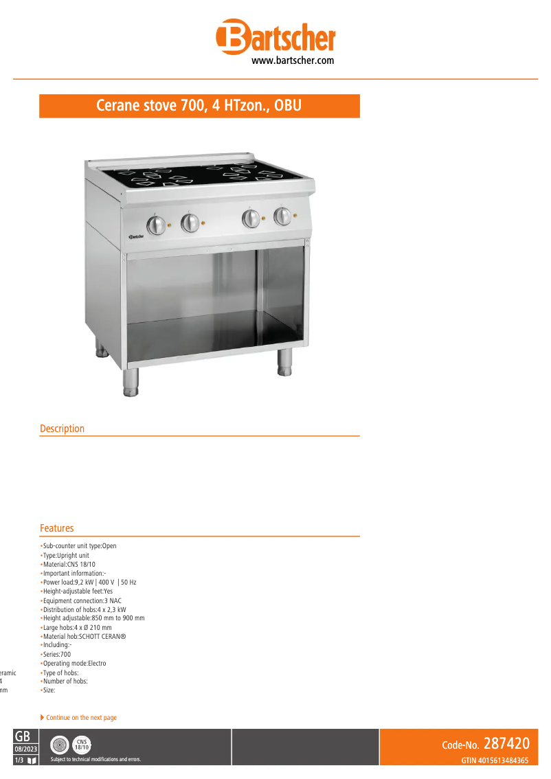 Página 1 del manual Ficha técnica Bartscher 287420