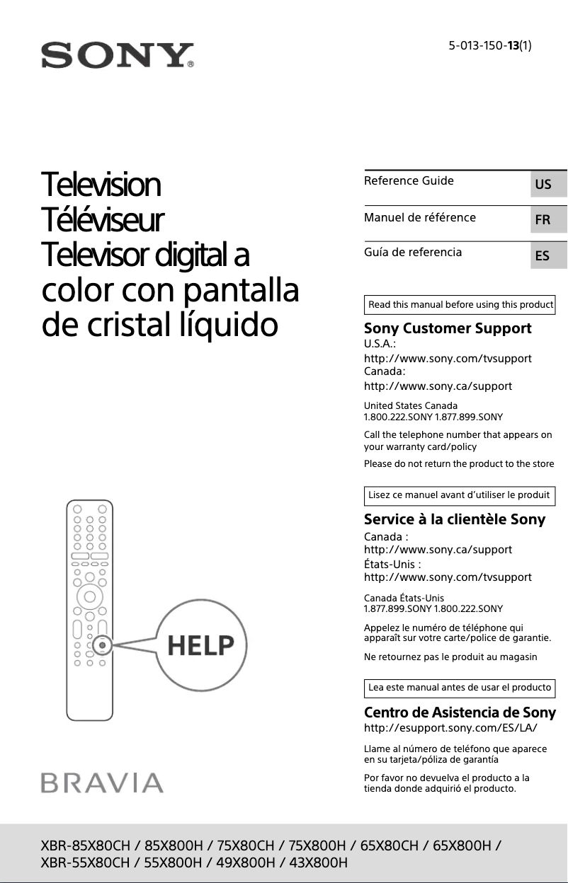 Imagen de la primera página del manual del dispositivo Bravia XBR-49X800H