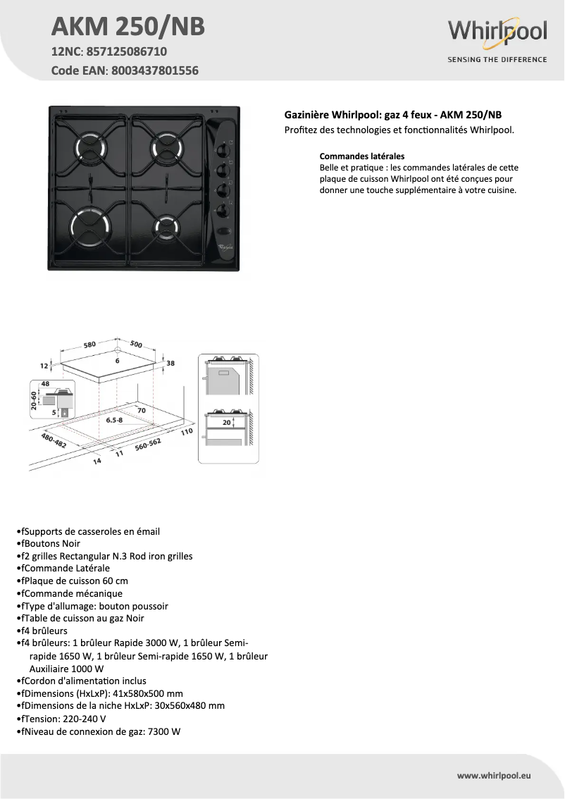 Página 1 del manual Ficha técnica Whirlpool AKM 250/NB