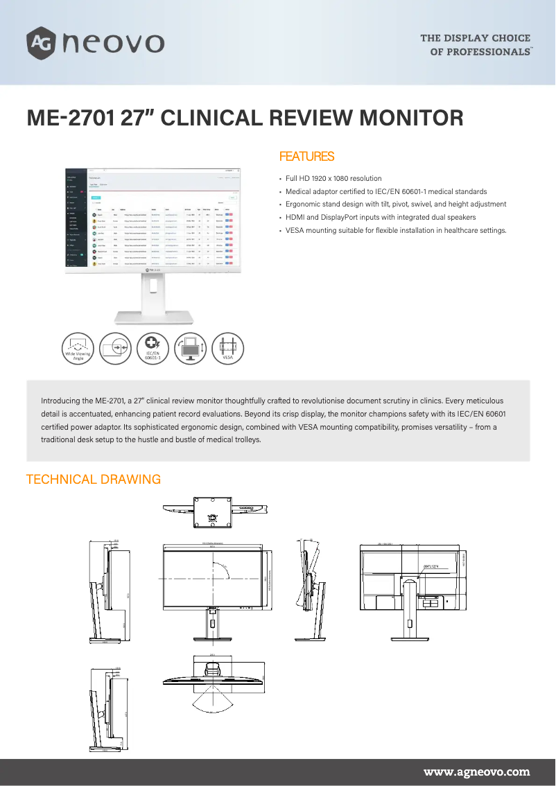 Página 1 del manual Ficha técnica AG Neovo ME-2701