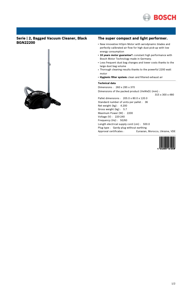 Página 1 del manual Ficha técnica Bosch BGN22200