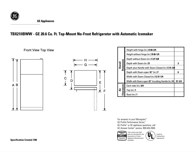 Página 1 del manual Ficha técnica GE TBX21IIBWW