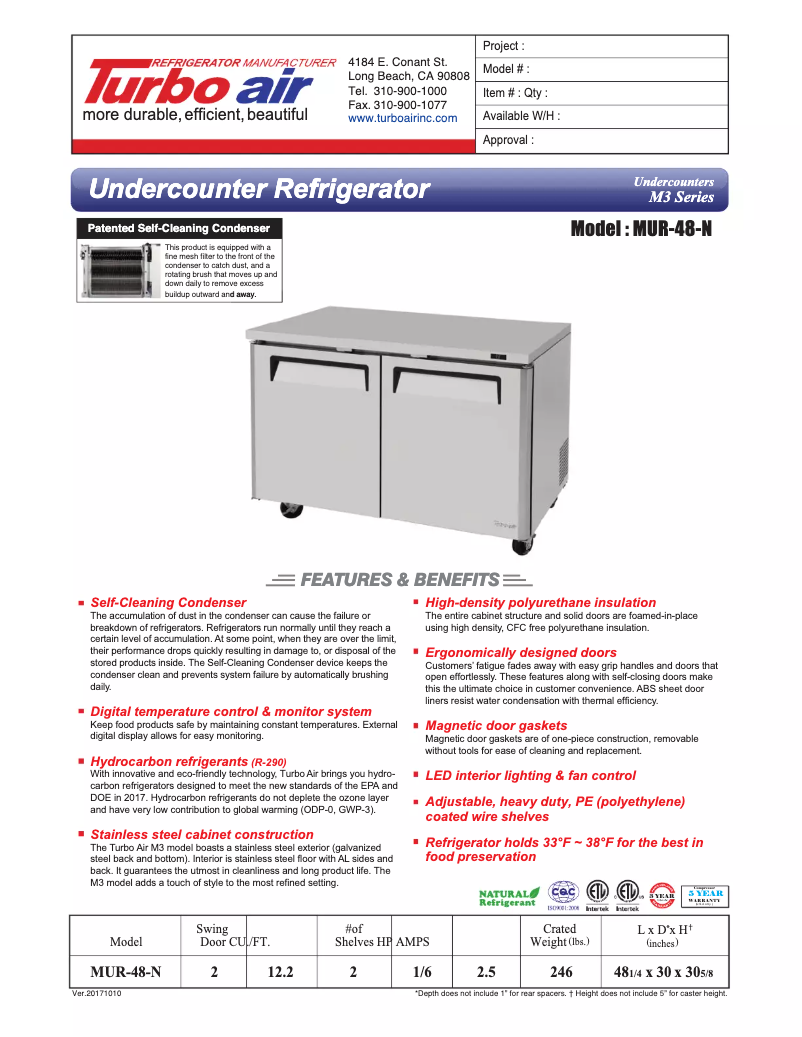 Página 1 del manual Ficha técnica Turbo air MUR-48