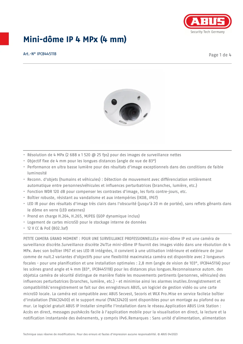 Página 1 del manual Ficha técnica Abus IPCB44511B