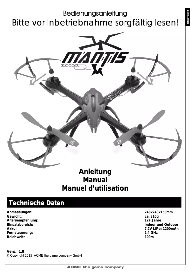 Imagen de la primera página del manual del dispositivo zoopa Q600 Mantis