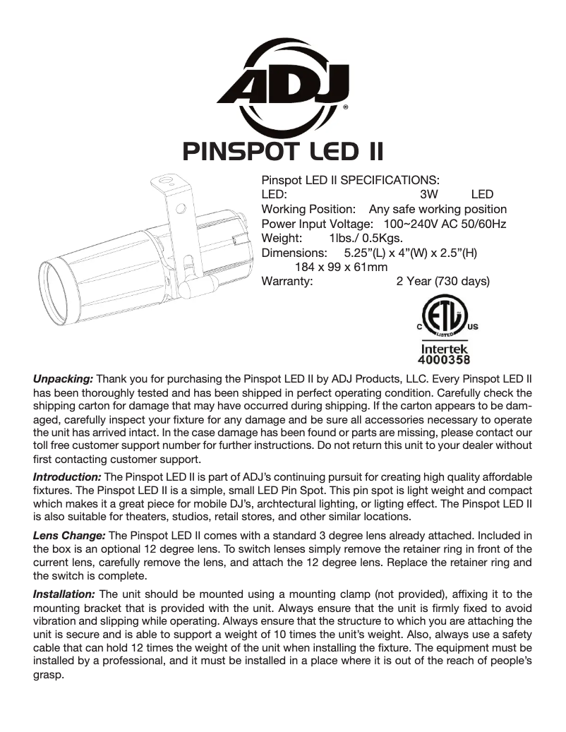 Imagen de la primera página del manual del dispositivo Pinspot LED II