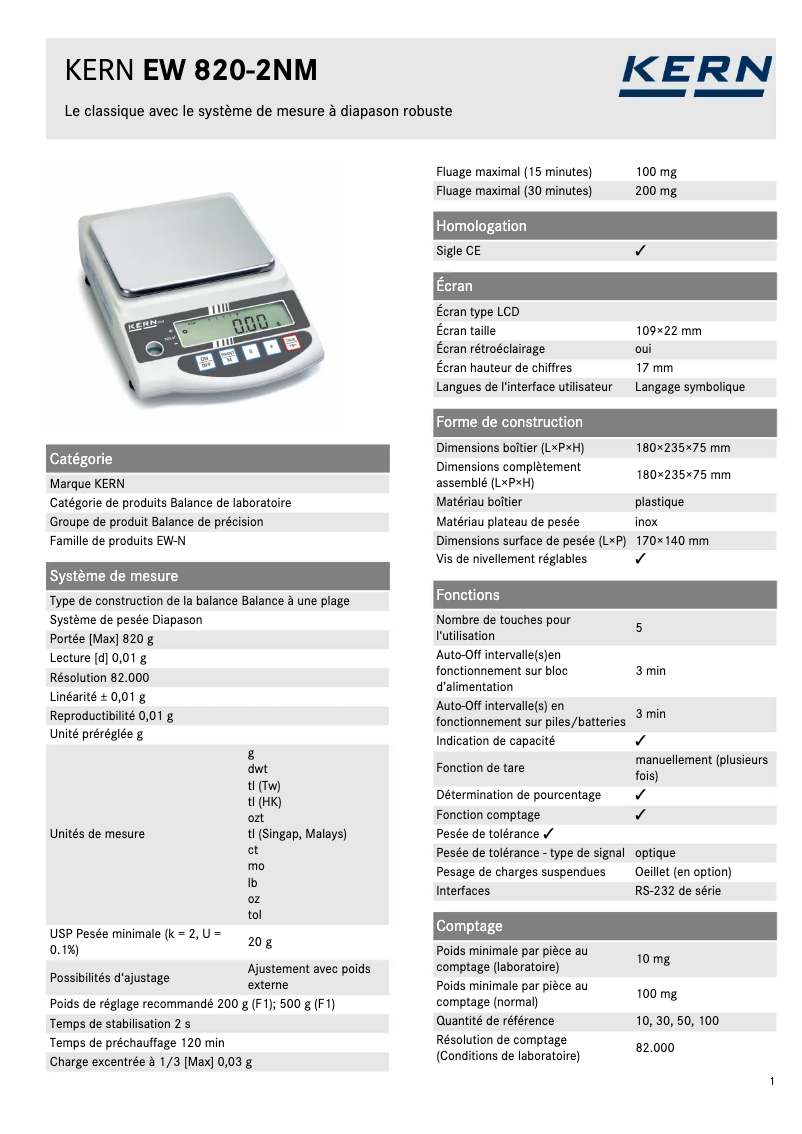 Página 1 del manual Ficha técnica Kern EW 820-2NM