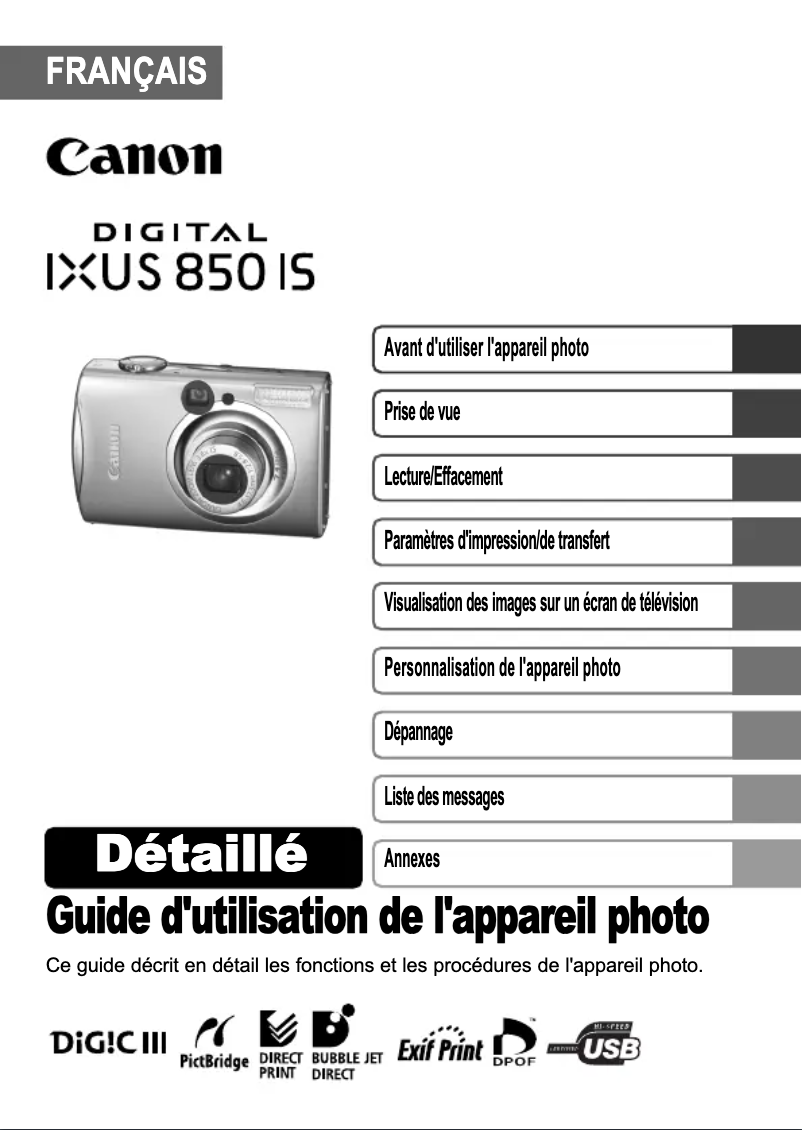 Imagen de la primera página del manual del dispositivo Digital IXUS 850 IS
