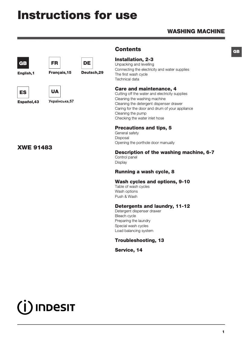Página 1 del manual Manual de usuario Indesit XWE 91483