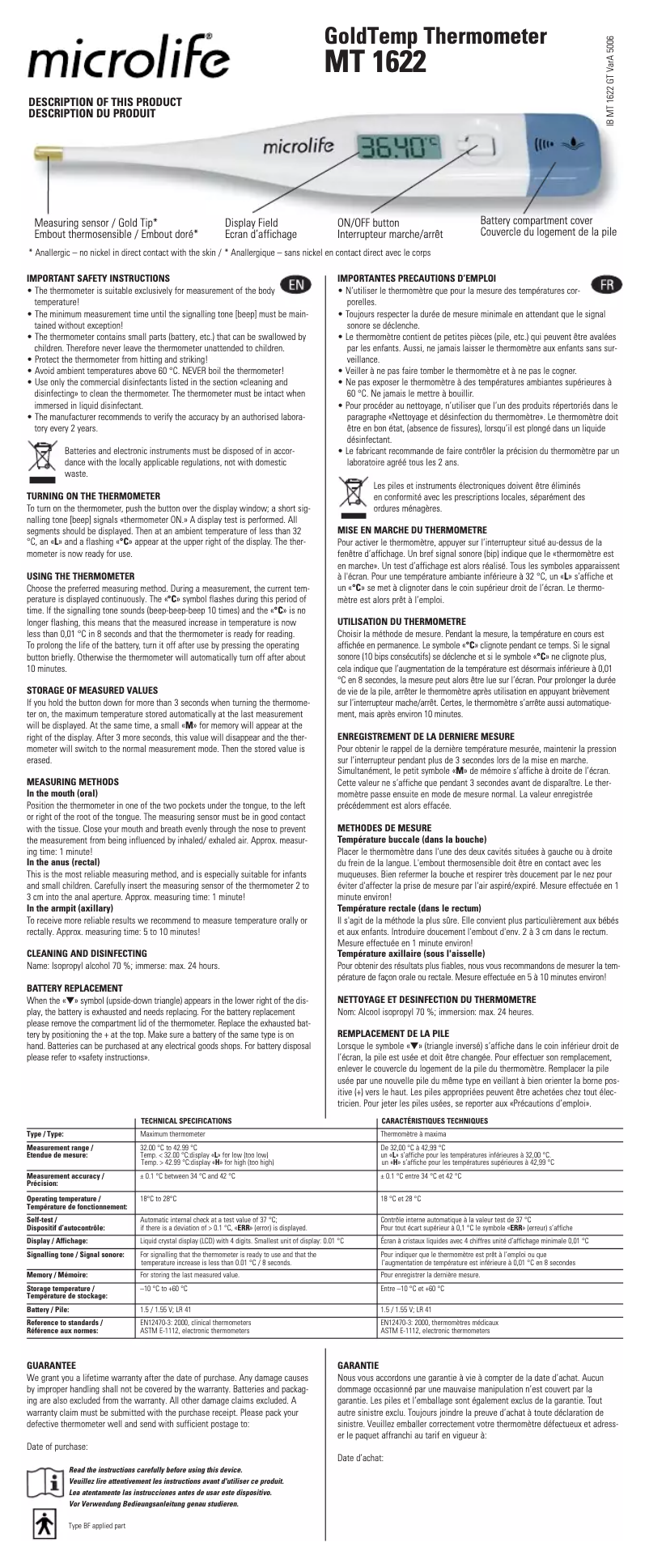 Página 1 del manual Manual de usuario Microlife MT 1622 GT