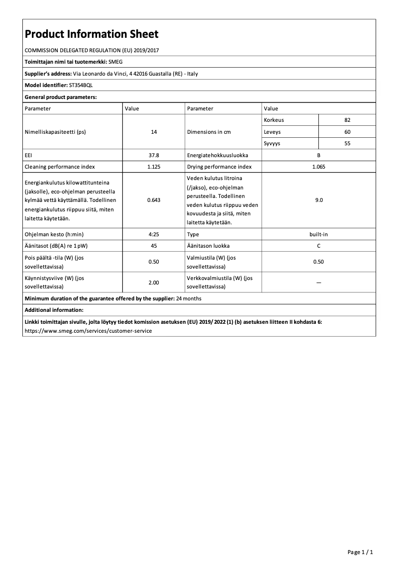Página 1 del manual Ficha técnica Smeg ST354BQL