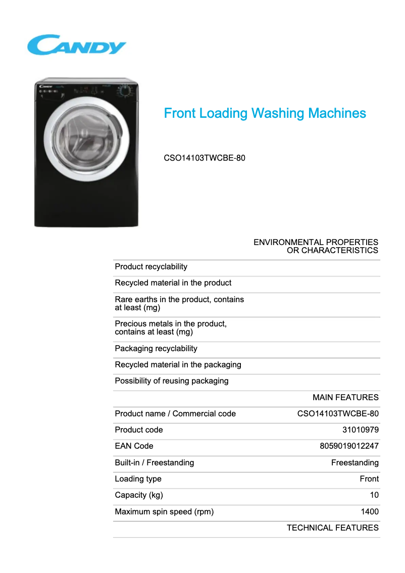Imagen de la primera página del manual del dispositivo CSO14103TWCBE-80