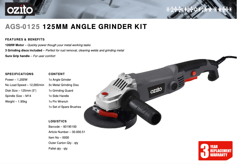 Página 1 del manual Ficha técnica Ozito AGS-0125