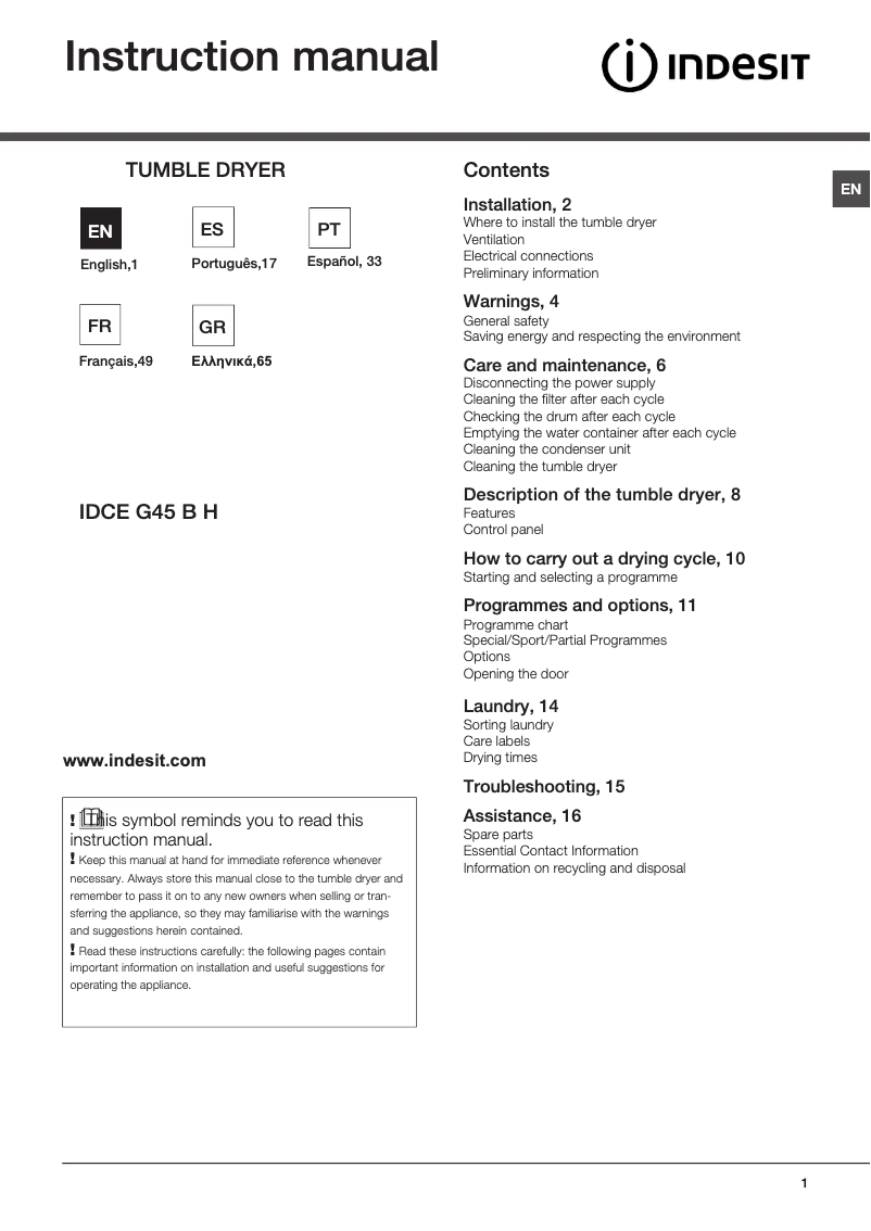 Imagen de la primera página del manual del dispositivo IDCE G45 B