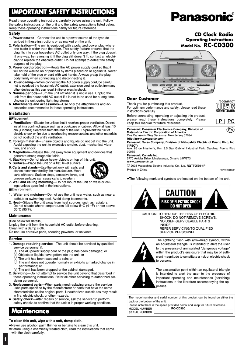 Página nº 1 - Manual de usuario Panasonic RC-CD300