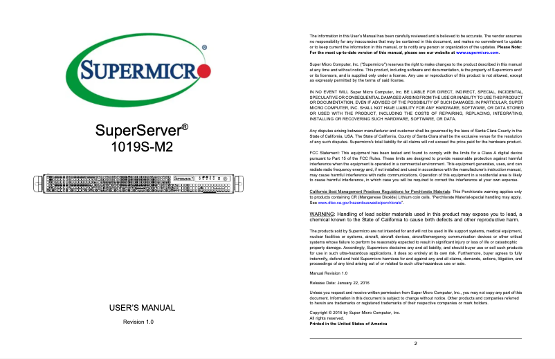 Imagen de la primera página del manual del dispositivo SuperServer 1019S-M2