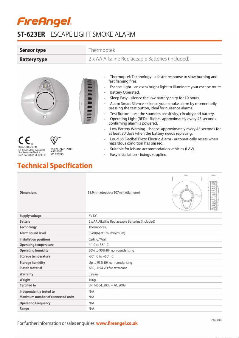 Página 1 del manual Ficha técnica FireAngel ST-623E