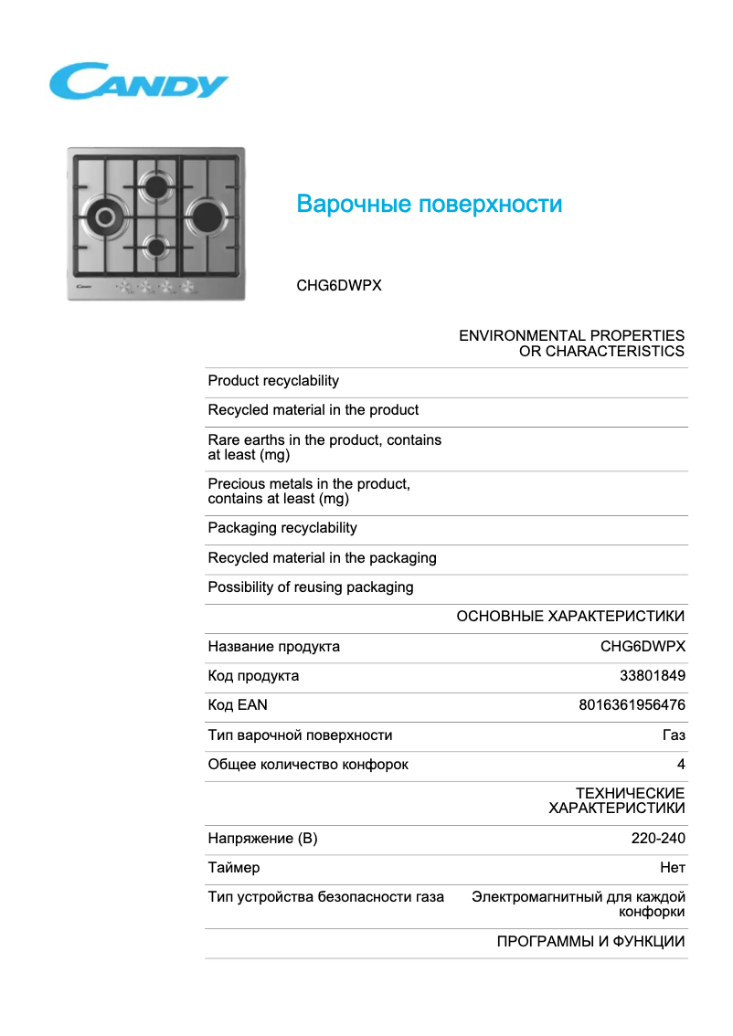 Página 1 del manual Ficha técnica Candy CHG6DWPX