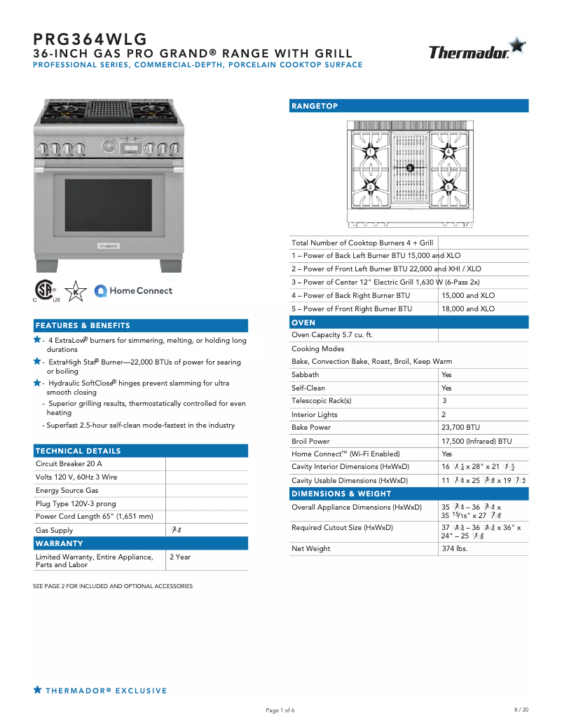 Página 1 del manual Ficha técnica Thermador PRG364WLG