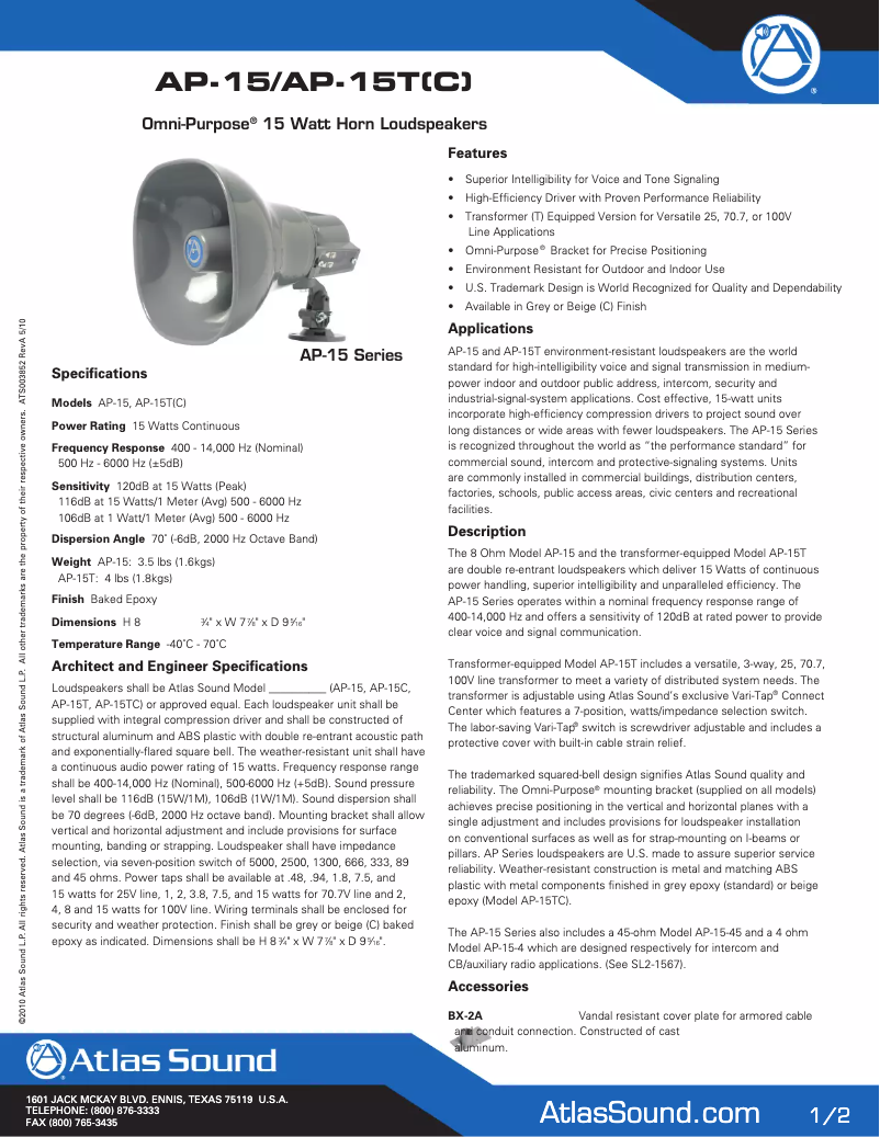 Página 1 del manual Folleto Atlas Sound AP-15
