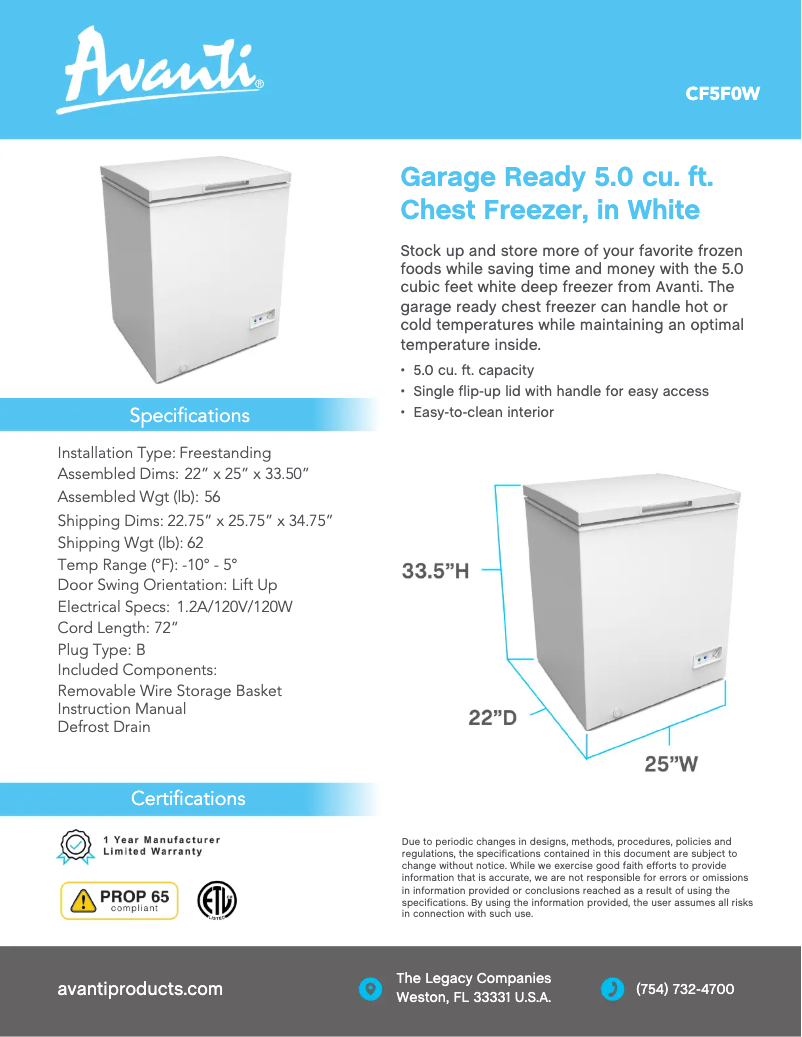 Página 1 del manual Ficha técnica Avanti CF5F0W