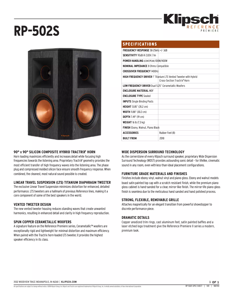 Página 1 del manual Ficha técnica Klipsch Reference Premiere RP-402S