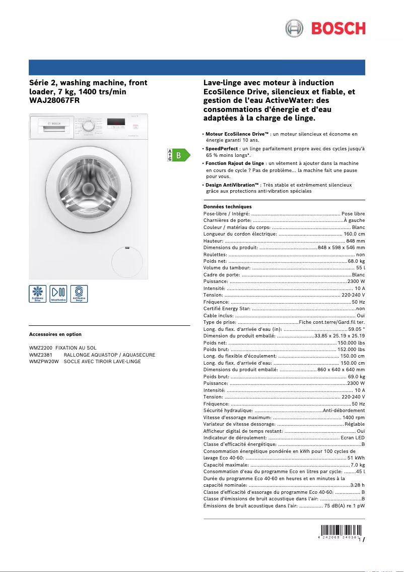 Página 1 del manual Ficha técnica Bosch WAJ28067FR