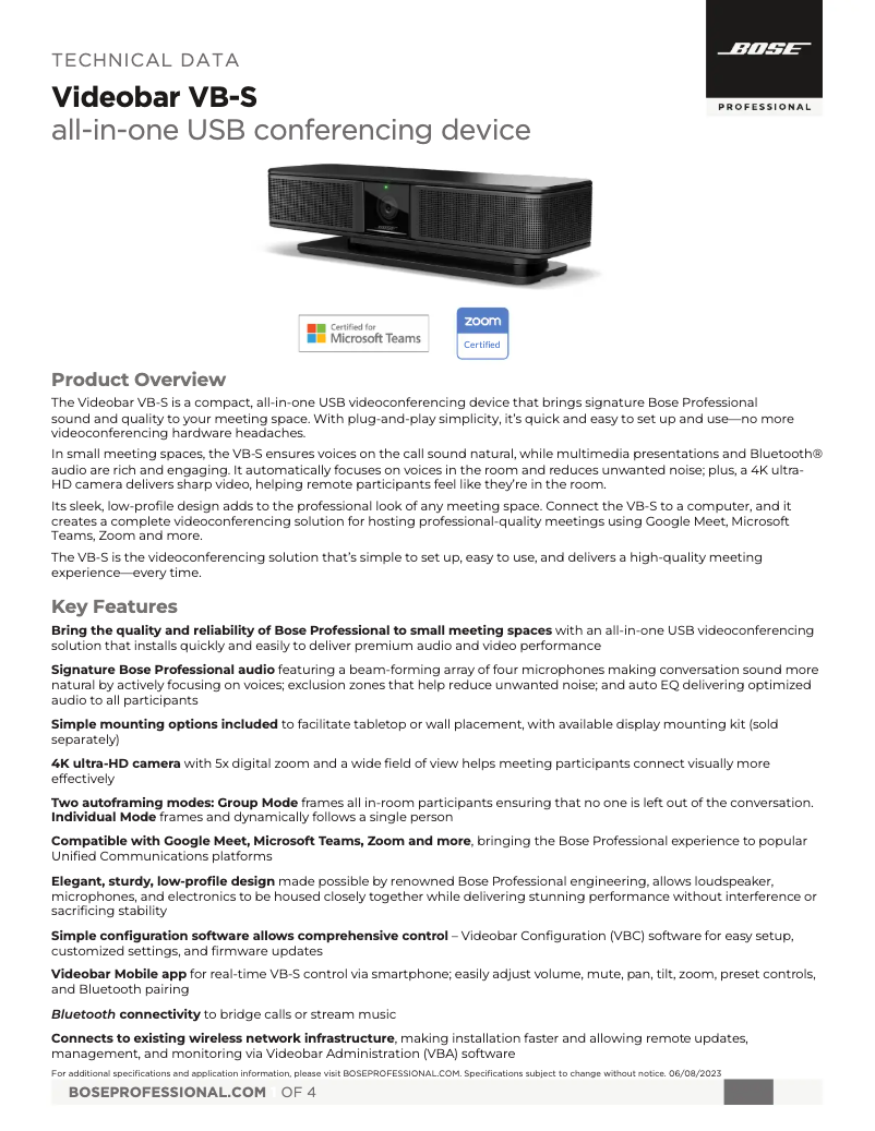 Página nº 1 - Ficha técnica Bose Videobar VB-S