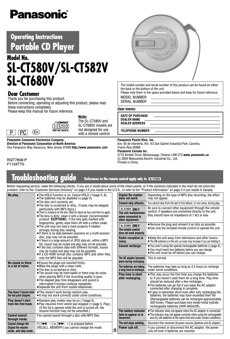 Página 1 del manual Manual de usuario Panasonic SL-CT680V